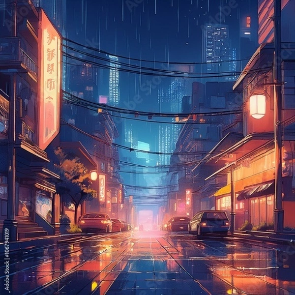 Fototapeta Anime-style city at night with glowing streetlights and rain-soaked streets, capturing a moody, atmospheric urban scene