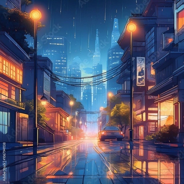 Fototapeta Anime-style city at night with glowing streetlights and rain-soaked streets, capturing a moody, atmospheric urban scene