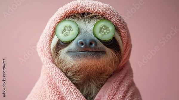 Fototapeta Photo of a Sloth Relaxing with a Spa Towel and a Facial Treatment