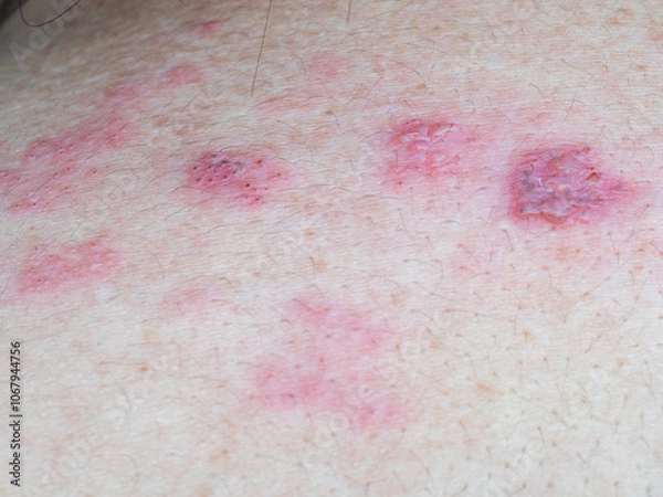 Fototapeta Shingles (Herpes Zoster, Shingles) is a type of skin disease. This is caused by the Varicella Zoster Virus,. Causes inflammation of the nerves burning pain and a rash along the nerves.