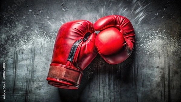 Fototapeta Fiery red boxing gloves, captured in a double exposure, against a dark gray background, with ample copy space.