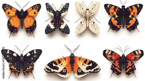 Fototapeta A collection of retro-style colorful moths and butterflies, isolated on a transparent background, offers a charming and romantic design perfect for cards, banners, or sticker prints.