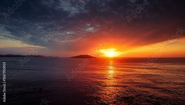 Fototapeta A big sun rises under the dark sky