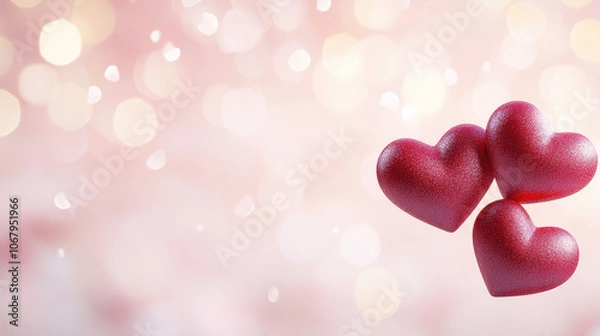 Fototapeta Three red hearts on soft pink background with bokeh lights create romantic atmosphere, perfect for Valentine Day or love themed events