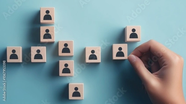 Fototapeta Hand Selecting a Person Icon Block From a Group of Wooden Blocks