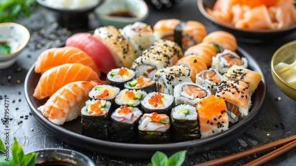 Fototapeta A variety of sushi rolls with salmon, avocado, and roe on a black plate with chopsticks. AI generative. .