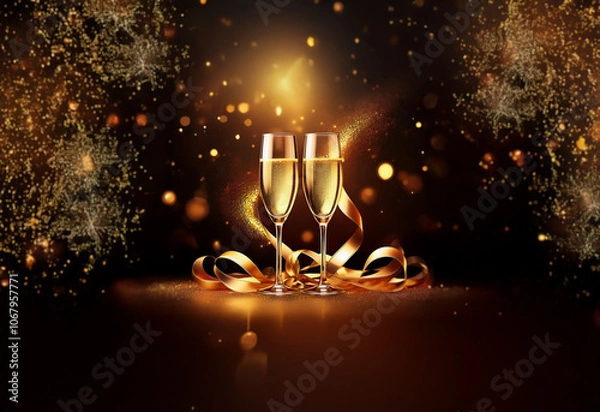 Fototapeta Two champagne flutes with golden ribbon on a dark background with sparkling lights and fireworks.