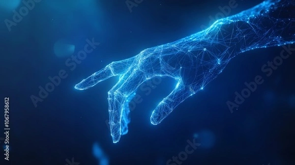 Fototapeta  Abstract digital human hand touching on glowing dot low poly