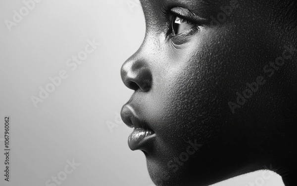 Fototapeta A close-up profile of a child's face, showcasing smooth skin, expressive features, and a contemplative gaze against a simple background.