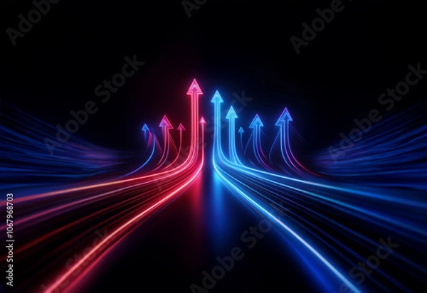 Fototapeta Red and blue glowing arrows pointing upward on two contrasting paths against a dark background.