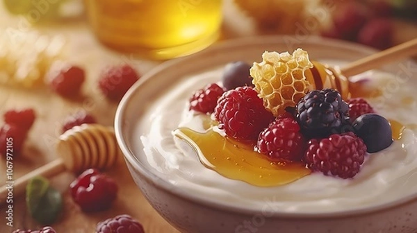 Fototapeta Bowl of creamy yogurt drizzled with golden honey, topped with fresh berries, with a honey jar and a piece of honeycomb in the backdrop, warm natural light highlighting the scene,