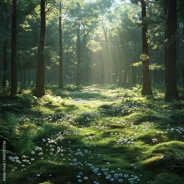 Fototapeta Morning Fog in the Forest with Rays of Light