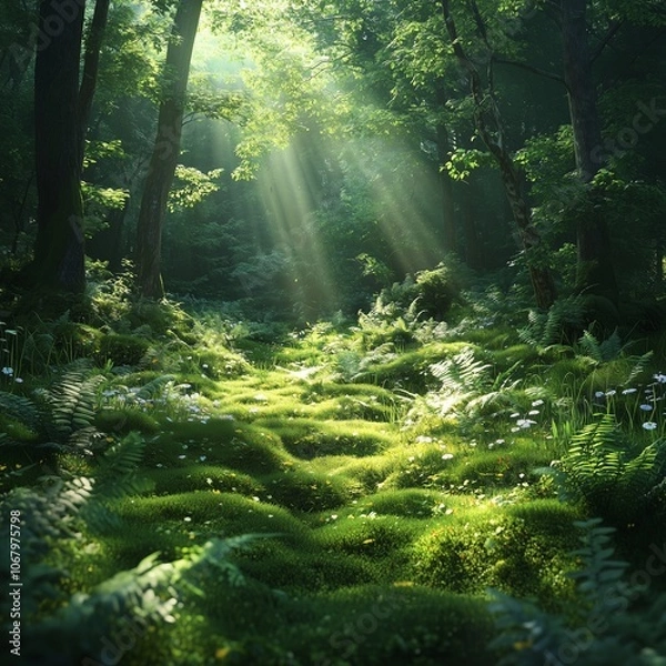 Fototapeta Morning Fog in the Forest with Rays of Light