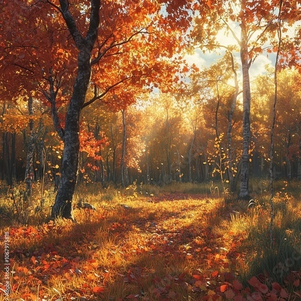 Fototapeta Morning in an Autumn Forest Path with Colorful Leaves and Golden Sunlight