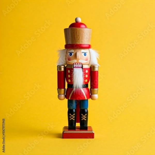Fototapeta Red wooden nutcracker on yellow background
