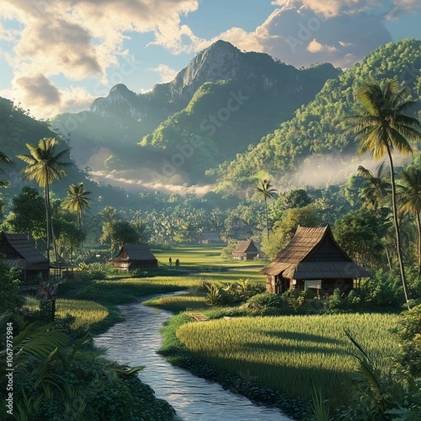 Fototapeta A peaceful lake surrounded by mountains with a charming village and lush autumn trees