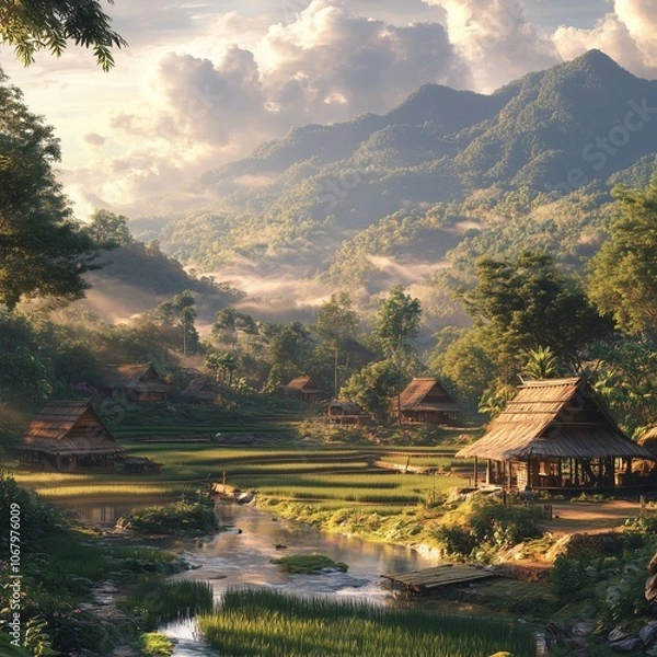 Fototapeta A peaceful lake surrounded by mountains with a charming village and lush autumn trees