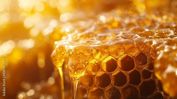 Fototapeta Macro image of honey dripping from a hive, golden stream highlighted under natural sunlight, detailed comb structure in sharp focus, background softly blurred to emphasize the texture, warm tones,