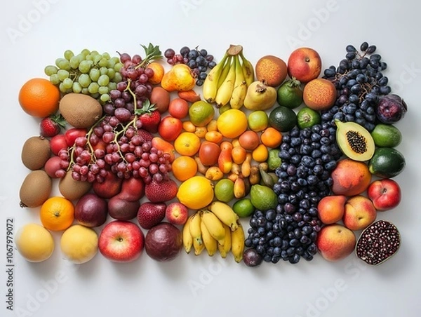 Fototapeta A variety of fruits spread out in a balanced arrangement, showcasing their different shapes and colors