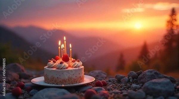 Fototapeta A delicious birthday cake with lit candles sits on a rocky surface overlooking a stunning mountain range at sunset
