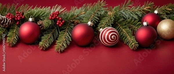Fototapeta Elegant Christmas border featuring red and gold ornaments, pine cones, and greenery on a vibrant red background. Perfect for holiday themes and seasonal designs.