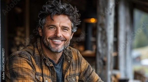 Fototapeta Smiling man in rustic cabin environment