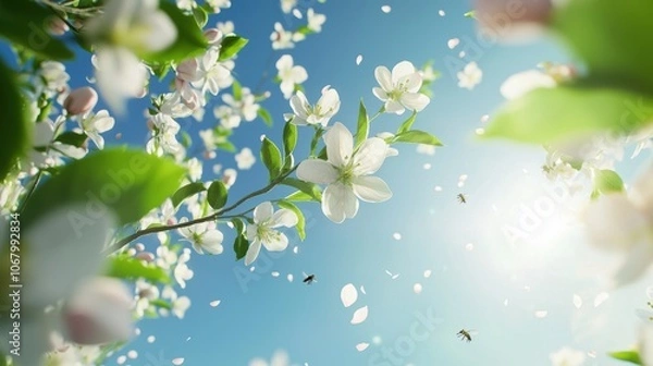 Obraz An orchard of apple trees in bloom, their branches laden with delicate white and pink flowers, buzzing with the activity of pollinating bees.