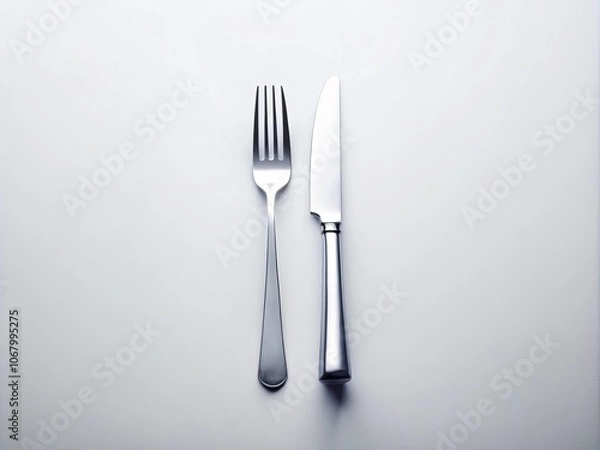 Fototapeta Elegant Presentation of Fork and Knife on a White Background for Culinary Arts and Restaurant Decor, Perfect for Menu Design, Food Photography, and Dining Table Settings