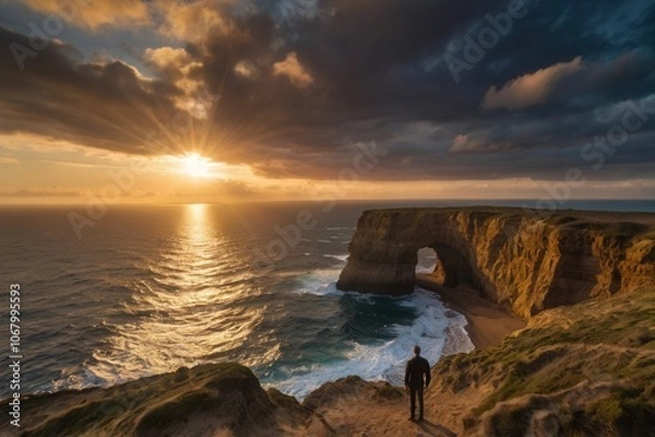 Fototapeta A figure standing on a cliff looking a vast ocean at sunset, with dramatic clouds and golden lights