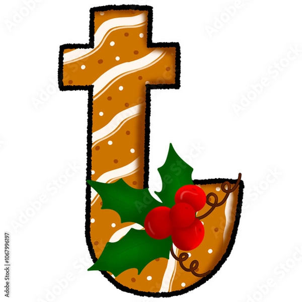 Fototapeta Letter t christmas cookie and snow pattern and decorated with holly