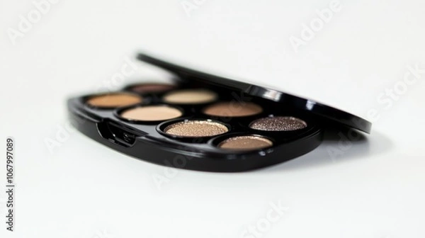 Fototapeta A compact eyeshadow palette with a range of neutral tones, isolated on a white background