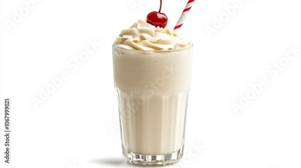 Fototapeta A creamy vanilla milkshake with a cherry on top, served in a tall glass with a straw, isolated on a white background