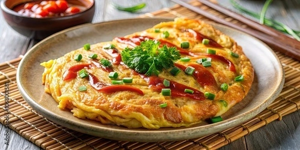 Fototapeta Savory Egg Pancake with a Savory Sauce and Fresh Green Garnish on a Rustic Plate