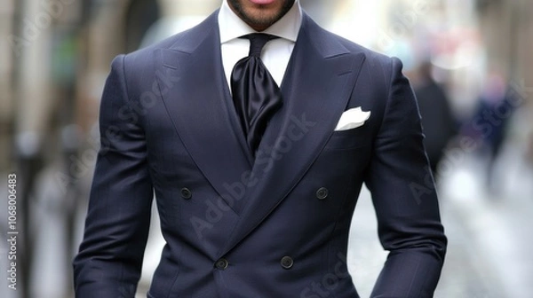 Fototapeta Charming Suit Attire: In a tailored navy suit with a crisp white shirt and sleek black tie, this man embodies sophistication and timeless elegance with effortless charm.
