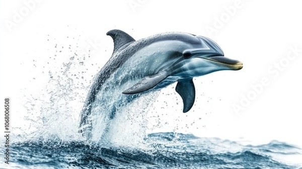 Fototapeta A playful dolphin mid-leap, splashing water as it jumps, isolated on a white background
