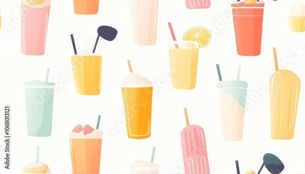 Fototapeta Colorful seamless pattern of summer drinks with straws.