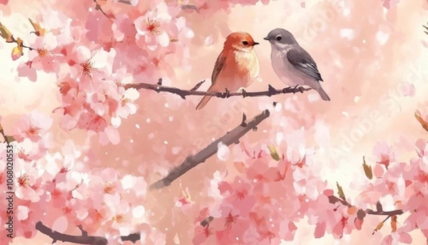 Fototapeta Two birds perched on a branch of a cherry blossom tree.