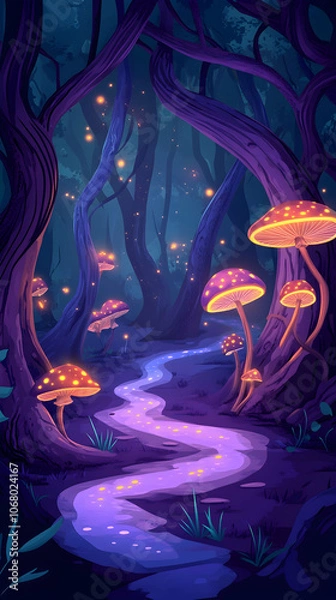 Fototapeta A winding path through a mystical forest at night, illuminated by glowing mushrooms and fireflies.