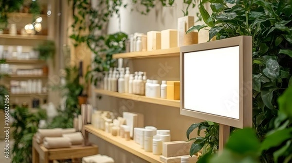 Fototapeta white billboard near a display of organic soaps and skincare products in a health store, with natural wood shelving, plants, and a calming, wellness-oriented feel