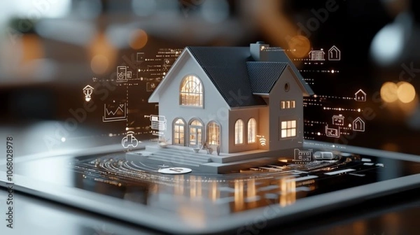 Fototapeta 3D bar graph of property loan amortization layered with house icon, data visualization for real estate