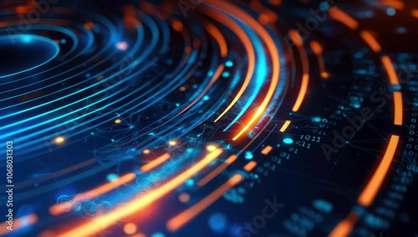 Fototapeta Futuristic abstract glowing circular lines on dark blue background.