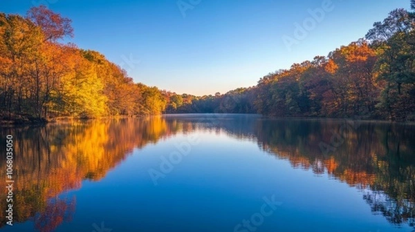 Fototapeta 57.A tranquil autumn landscape featuring a calm lake surrounded by dense woods, with the sun rising on the horizon. The still blue waters reflect the fiery autumn foliage in reds, oranges, and