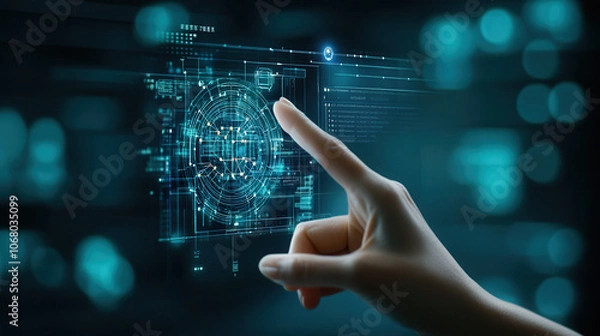 Fototapeta Tech savvy individual engages with digital display, showcasing futuristic technology and interactive elements. scene conveys innovation and advanced digital interfaces