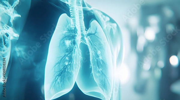 Fototapeta Close-up of a medical chest X-ray image on a light background, showing detailed lung structure and rib cage anatomy

