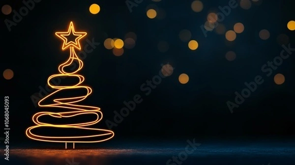 Fototapeta Neon Christmas Tree Outline with Luminous Star and Soft Bokeh on Cozy Dark Background