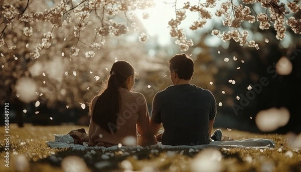 Fototapeta A couple sits together on a blanket under a cherry blossom tree, surrounded by falling petals.