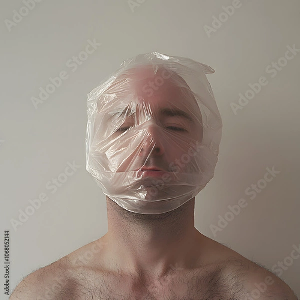 Obraz Man with Plastic Bag Wrapped Around Head in Close-Up Portrait