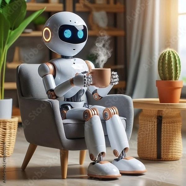Obraz Ai mini robot sitting in an armchair, drinking coffee