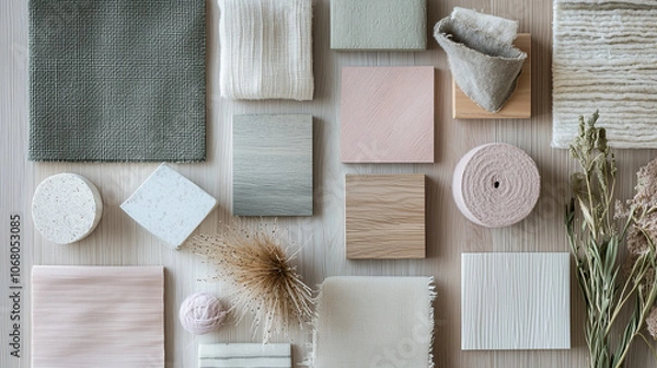 Fototapeta Pastel and neutral home decor mood board with fabric and texture samples.