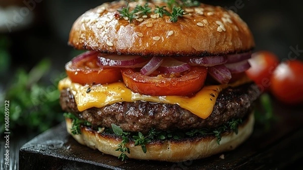 Obraz Juicy burger with cheese, tomato & onion. Perfect for food blogs, restaurant menus & social media posts.